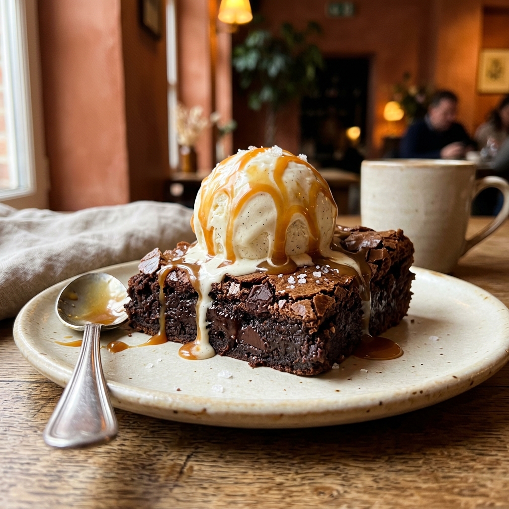 Freshly baked warm Belgian fudge brownie